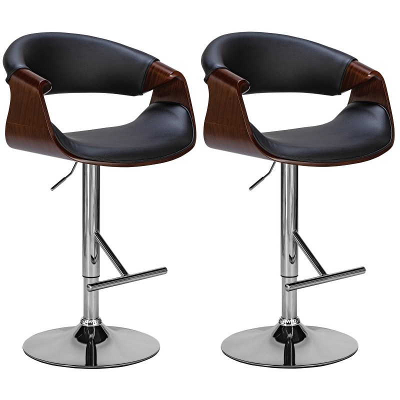 Juego de 2 taburetes de bar Foley, piel sintética, nogal/negro