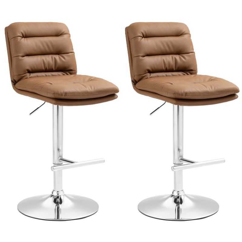 Juego de 2 taburetes de bar Damar en piel sintética cromada marrón claro
