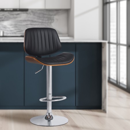 Taburete de bar Clawson, piel sintética, cromado, nogal/negro