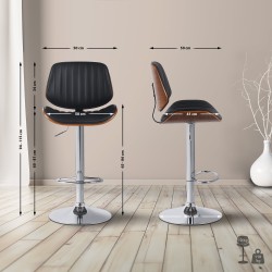 Taburete de bar Clawson, piel sintética, cromado, nogal/negro