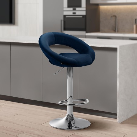 Taburete de bar Olinda de terciopelo cromado azul