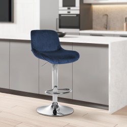 Taburete de bar Solon cromado con tapizado de terciopelo azul