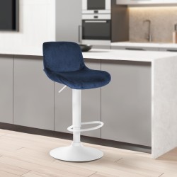 Taburete de bar Solon en terciopelo blanco y azul