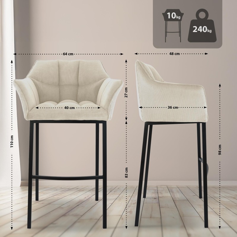 Taburete de bar Damaso B Cord con estructura de 4 patas en color crema