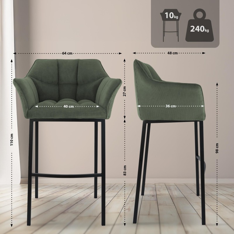 Taburete de bar Damaso B Cord con estructura de 4 patas verde