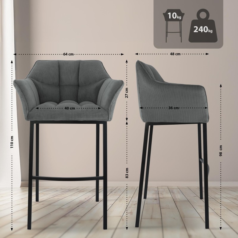 Taburete de bar Damaso B Cord con estructura de 4 patas en gris