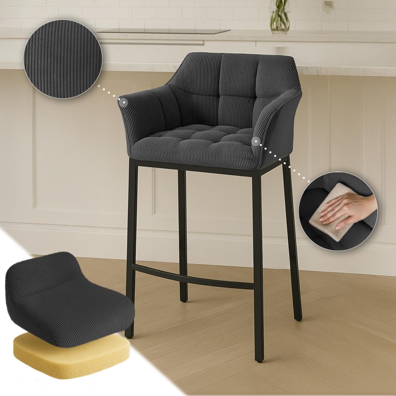 Taburete de bar Damaso B Cord con estructura de 4 patas en gris oscuro