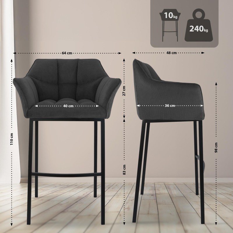 Taburete de bar Damaso B Cord con estructura de 4 patas en gris oscuro