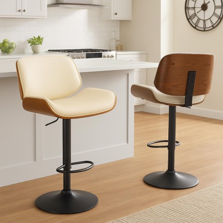 Taburete de bar Beverley B en piel sintética color nogal/crema