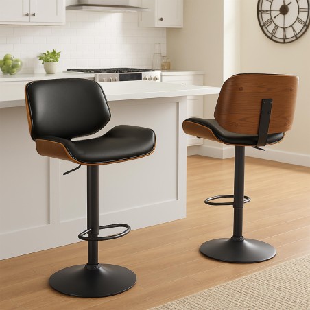 Taburete de bar Beverley B en nogal/piel sintética negra