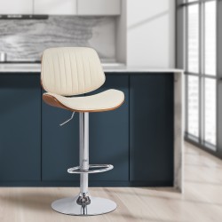 Juego de 2 taburetes de bar Clawson, piel sintética, cromado, nogal/crema