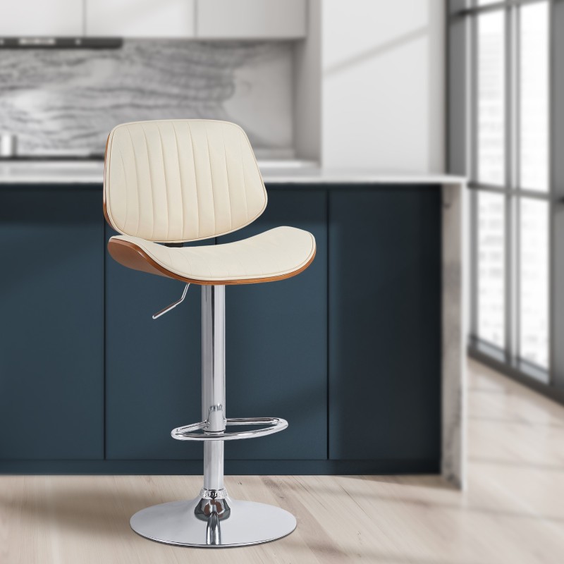 Juego de 2 taburetes de bar Clawson, piel sintética, cromado, nogal/crema