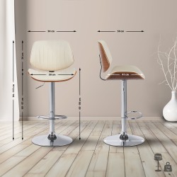 Juego de 2 taburetes de bar Clawson, piel sintética, cromado, nogal/crema