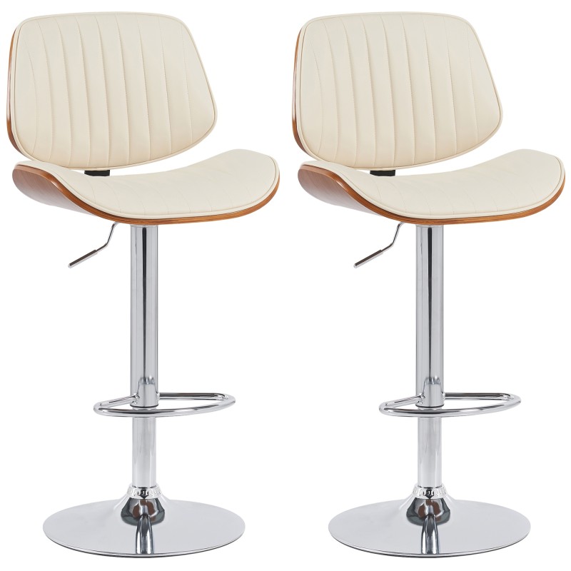 Juego de 2 taburetes de bar Clawson, piel sintética, cromado, nogal/crema