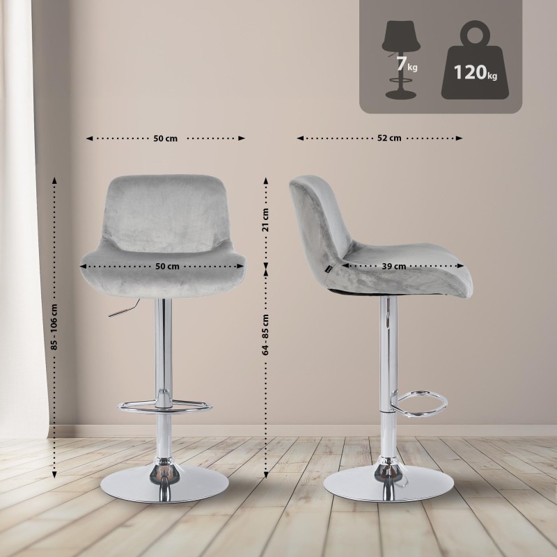 Juego de 2 taburetes de bar Solon cromados con tapizado de terciopelo gris