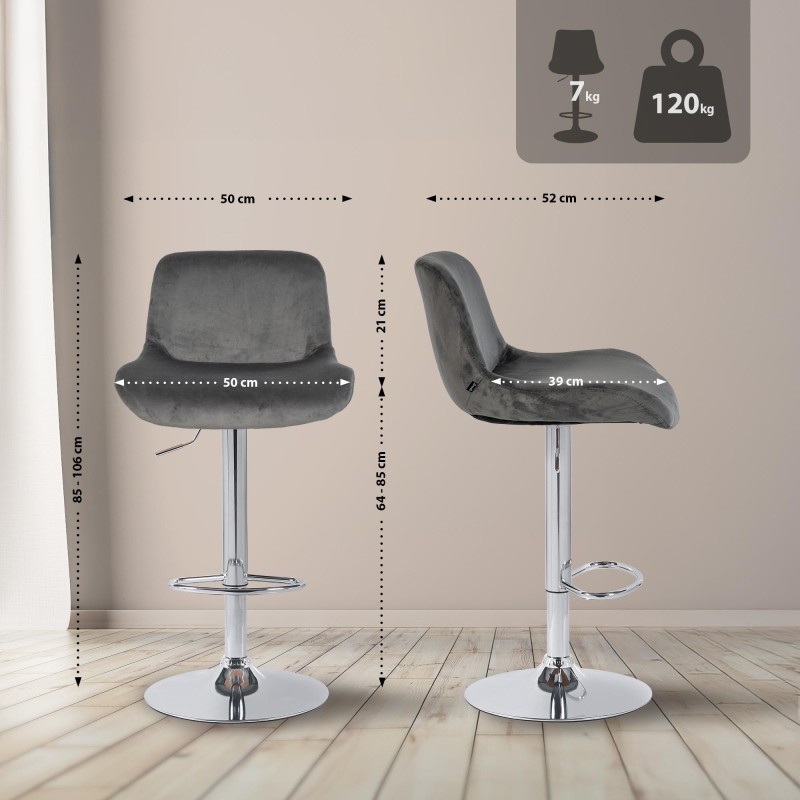 Juego de 2 taburetes de bar Solon cromados con terciopelo gris oscuro
