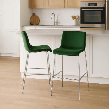 Taburete de bar Hoover de terciopelo verde de 4 patas en cromo