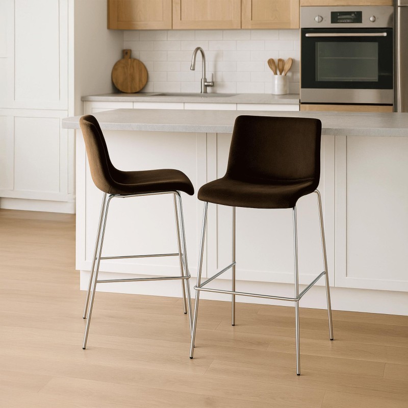 Taburete de bar Hoover de terciopelo de 4 patas, marrón cromado