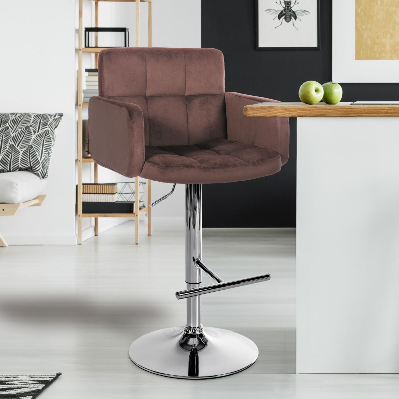 Juego de 2 taburetes de bar Los Ángeles en terciopelo marrón y cromo