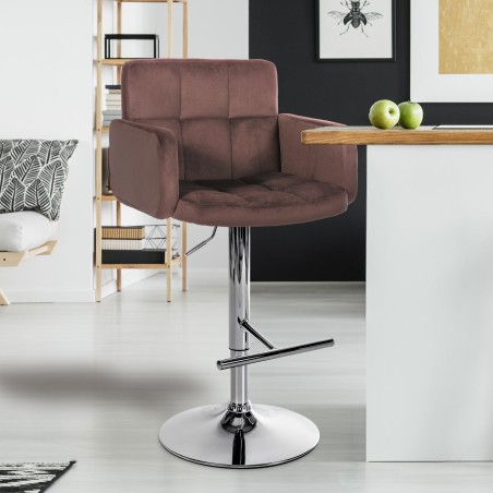 Juego de 2 taburetes de bar Los Ángeles en terciopelo marrón y cromo