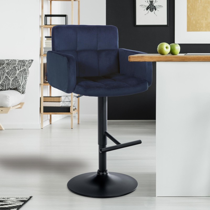 Juego de 2 taburetes de bar Los Ángeles en terciopelo negro y azul