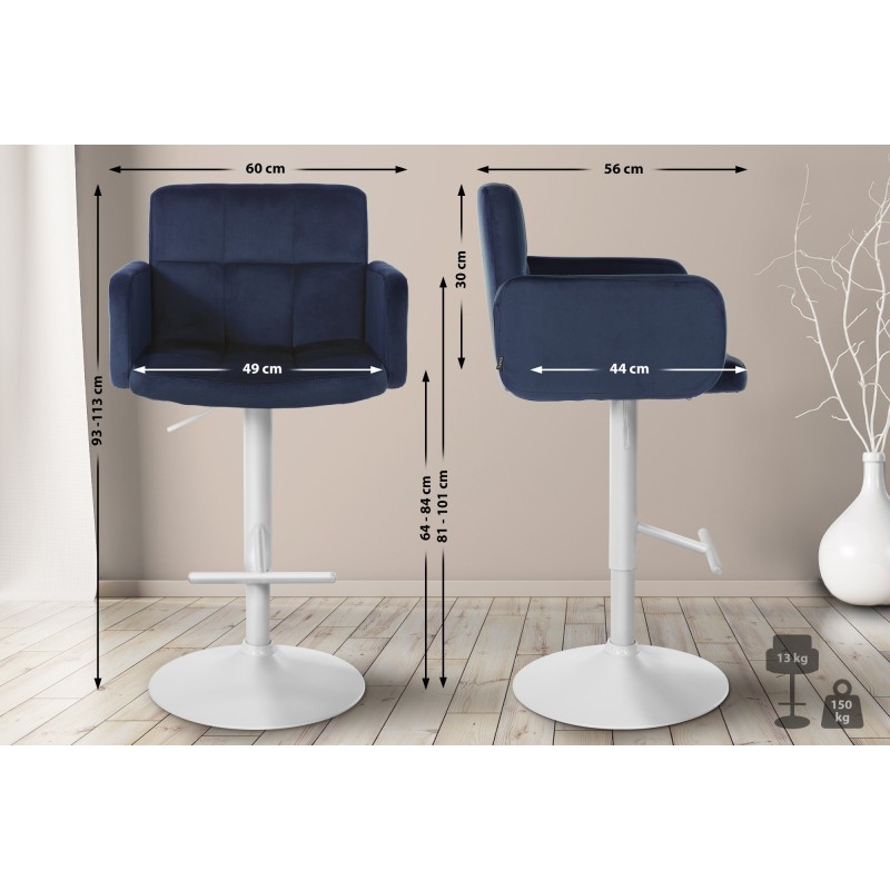 Juego de 2 taburetes de bar Los Ángeles en terciopelo blanco y azul