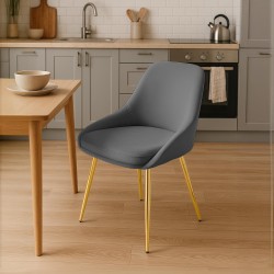 Silla de comedor Elmira en terciopelo gris oscuro y dorado