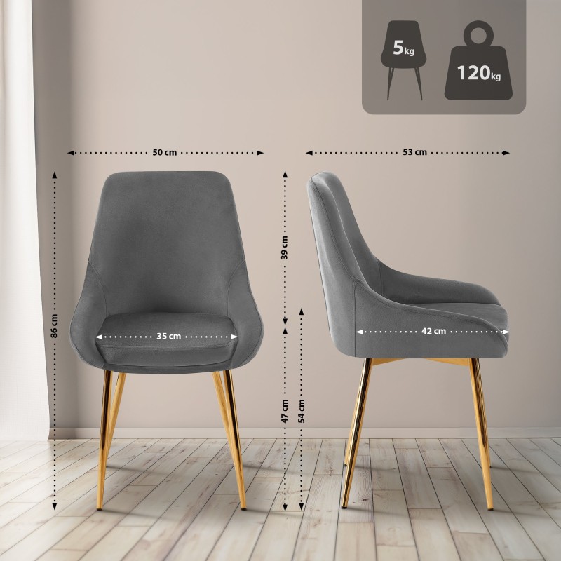 Silla de comedor Elmira en terciopelo gris oscuro y dorado