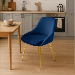 Silla de comedor Elmira en terciopelo azul oscuro y dorado