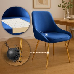 Silla de comedor Elmira en terciopelo azul oscuro y dorado