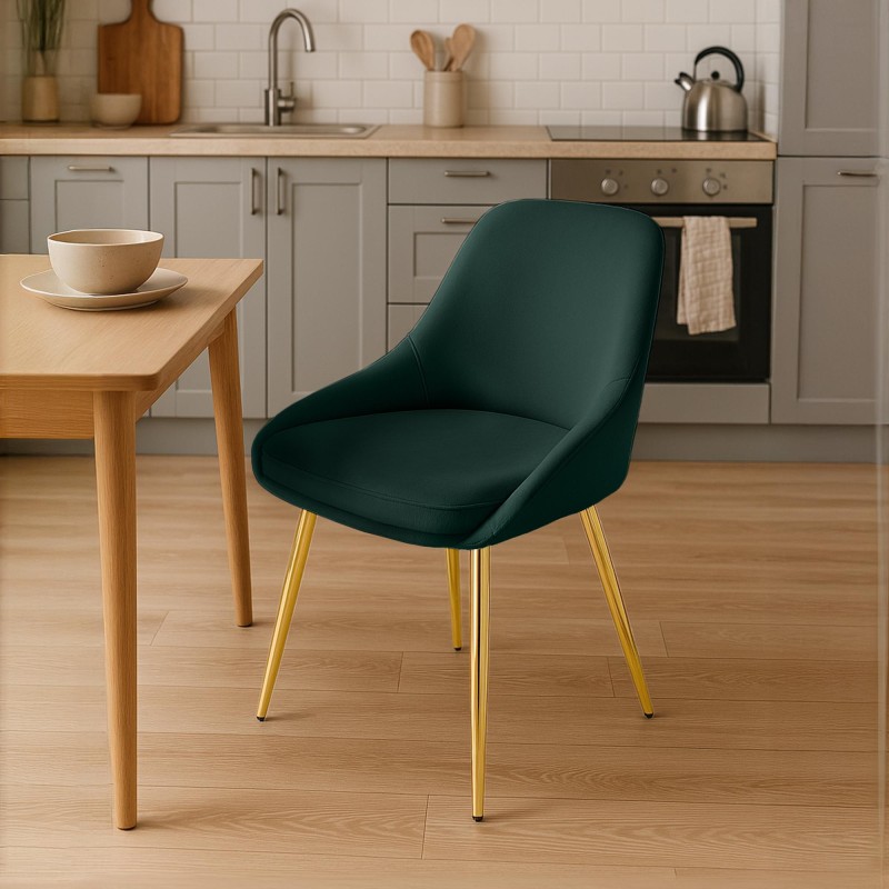 Silla de comedor Elmira en terciopelo verde dorado