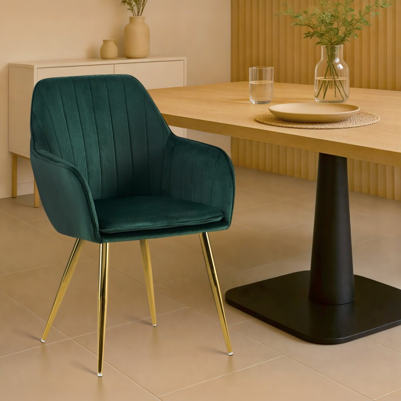 Silla de comedor Cheryl en terciopelo verde y dorado