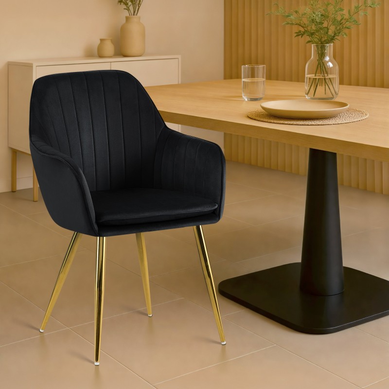 Silla de comedor Cheryl en terciopelo negro y dorado