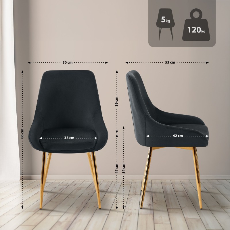 Silla de comedor Elmira en terciopelo negro y dorado