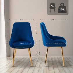 Juego de 2 sillas de comedor Elmira en terciopelo azul oscuro y dorado