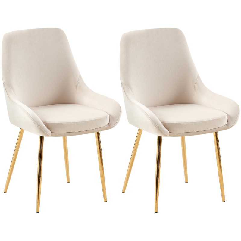 Juego de 2 sillas de comedor Elmira en terciopelo color crema y dorado.