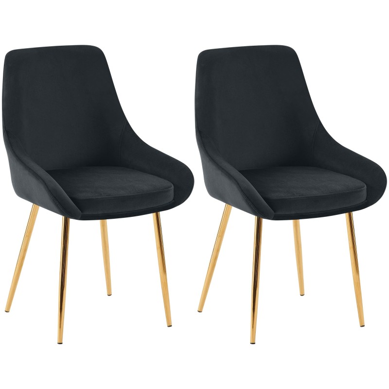 Juego de 2 sillas de comedor Elmira en terciopelo negro y dorado