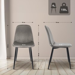 Juego de 4 sillas de comedor Maryam en terciopelo gris claro