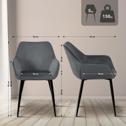 Juego de 2 sillas de comedor Luena en terciopelo gris oscuro