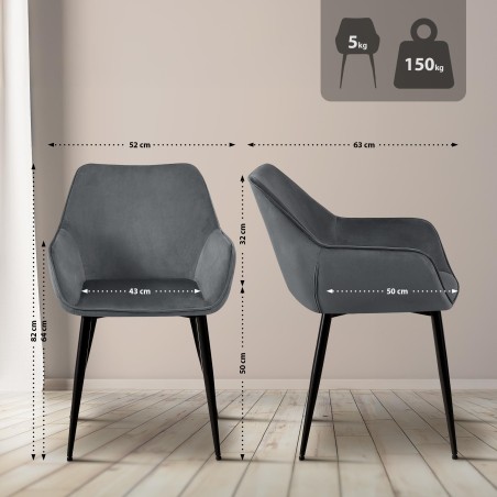 Juego de 2 sillas de comedor Luena en terciopelo gris oscuro