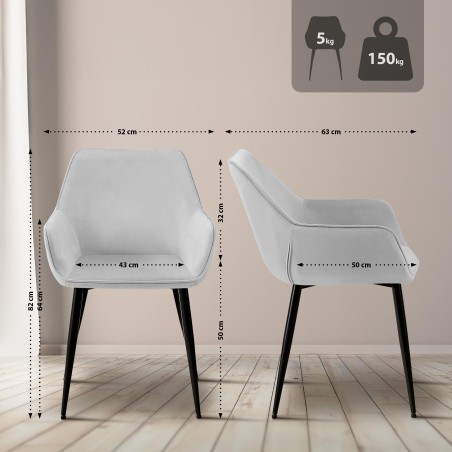 Juego de 2 sillas de comedor Luena en terciopelo gris claro