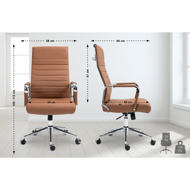 Silla de oficina Columbus en piel auténtica color marrón claro