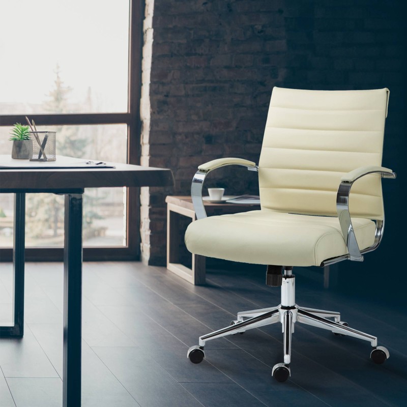 Silla de oficina Oakland, cuero genuino, color crema