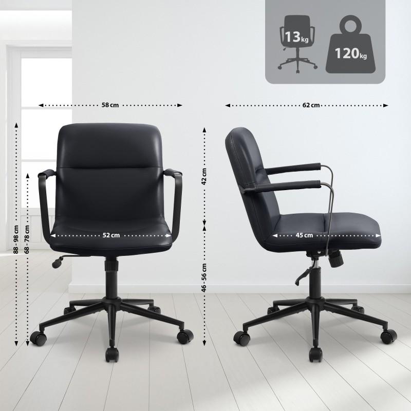 Silla de oficina Hilda, piel auténtica, color negro