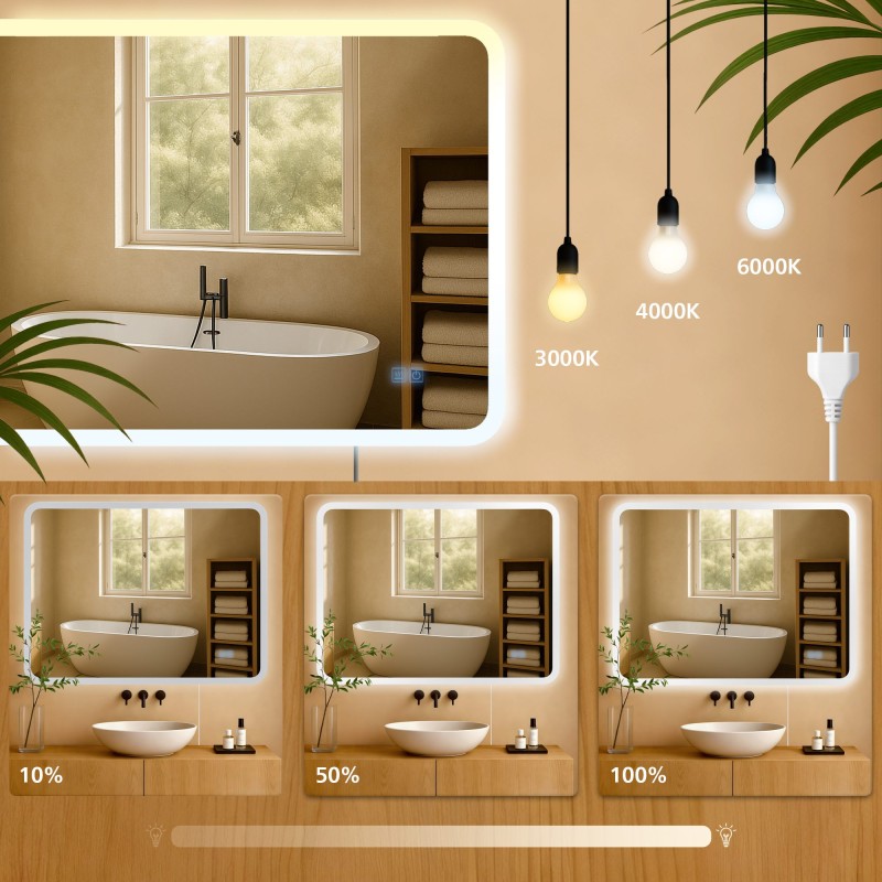 Espejo de baño Jericho 70x100 sin Bluetooth, cristal transparente