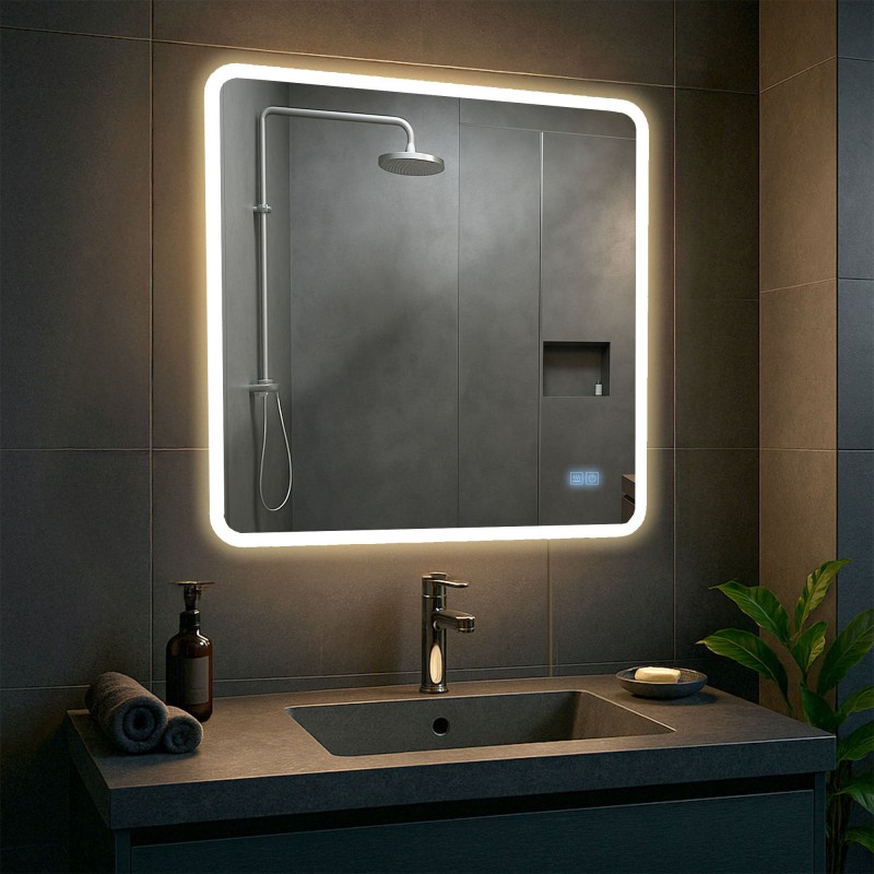 Espejo de baño Jericho de 80x80 con Bluetooth y cristal transparente