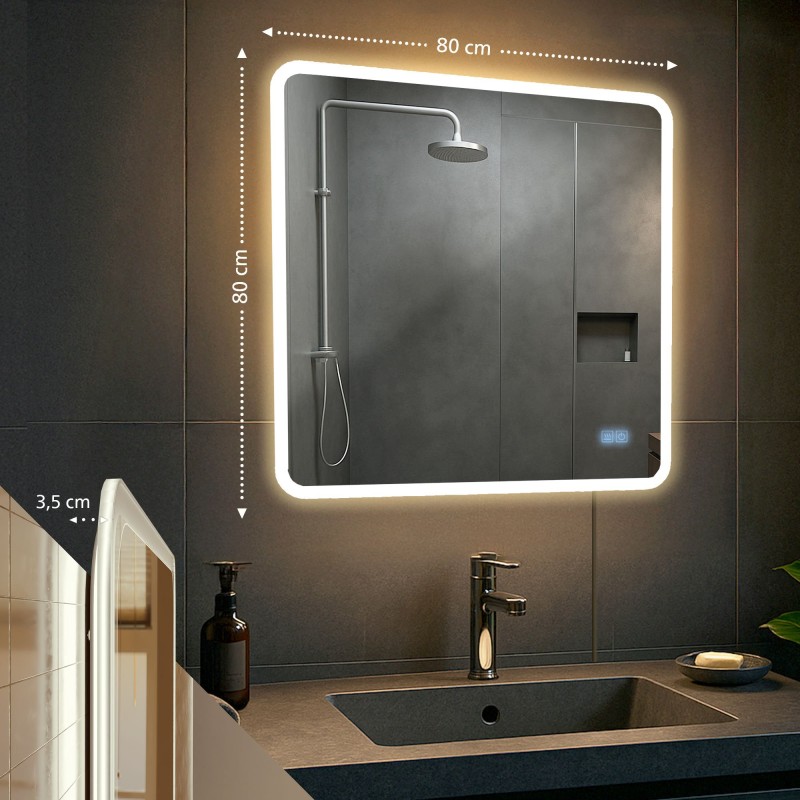 Espejo de baño Jericho de 80x80 con Bluetooth y cristal transparente