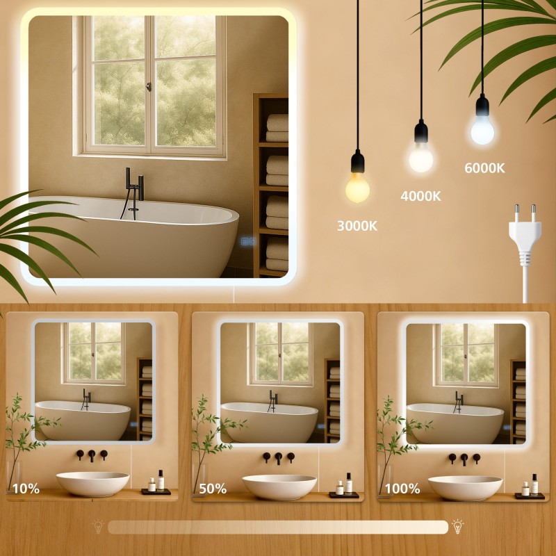 Espejo de baño Jericho 80x80 sin Bluetooth, cristal transparente