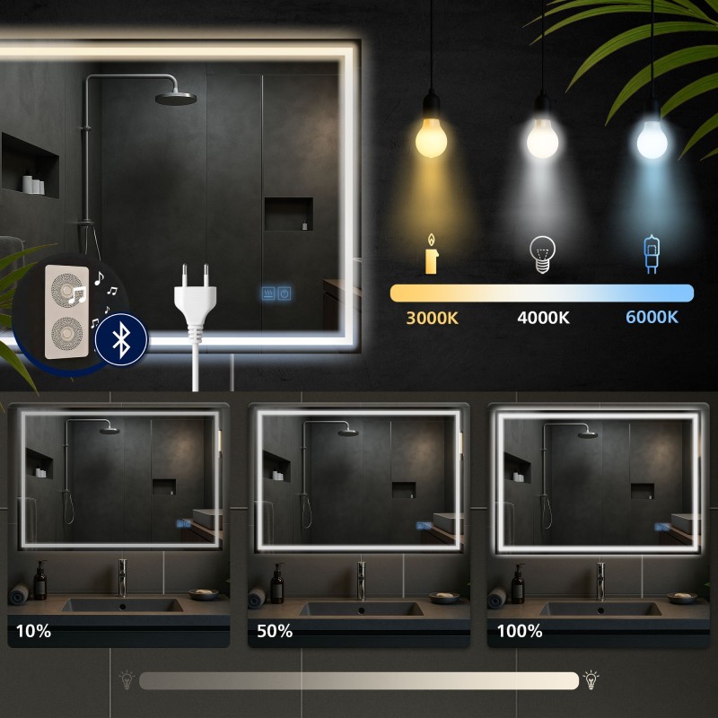 Espejo de baño Jaffrey de 60x80 cm con Bluetooth y cristal transparente