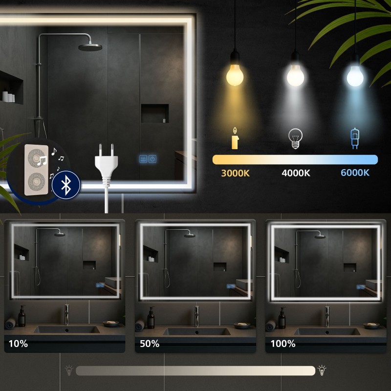 Espejo de baño Jaffrey de 70x100 con Bluetooth y cristal transparente